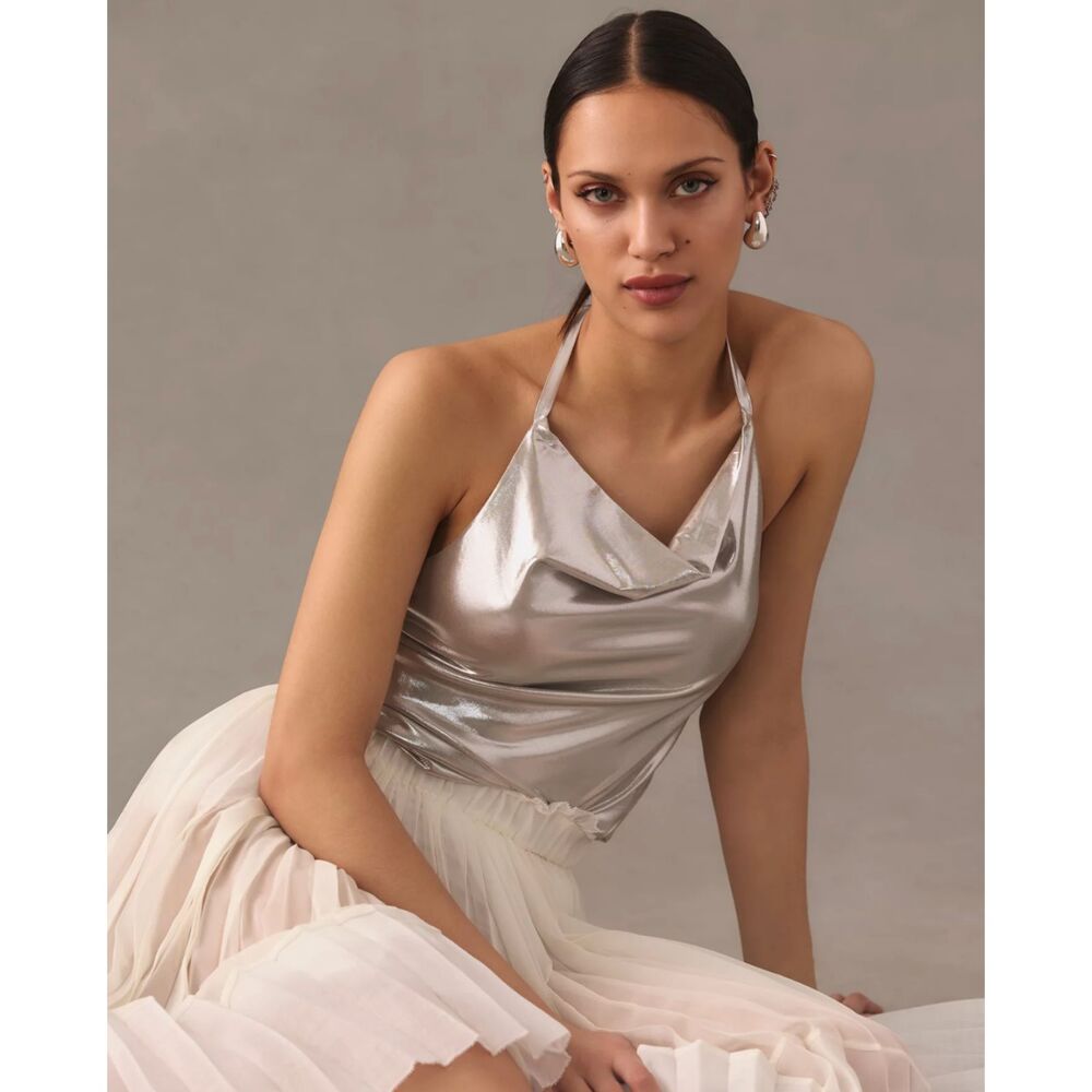 Anthropologie Sleeveless Silver Metallic Cowl Neck Top